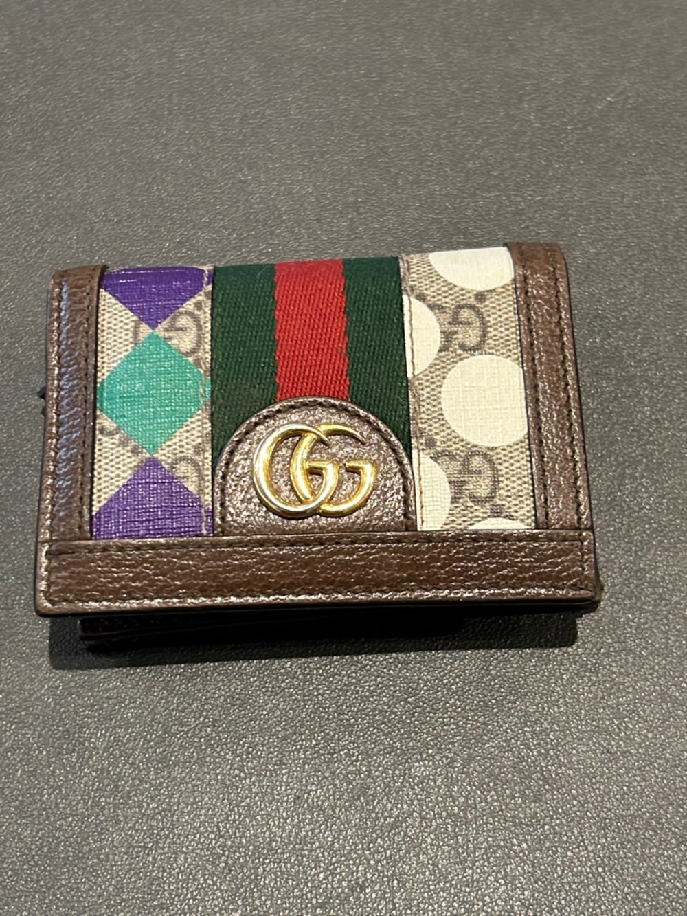 Gucci Multicolor GG Canvas Card Holder with Signature Web and Gold Double G